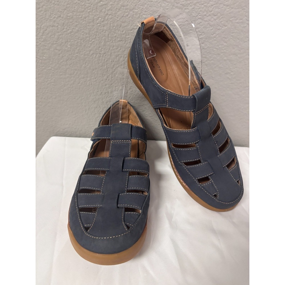 Clarks Womens 9.5 Unstructured Fisherman Sandals Navy Blue Leather Comfort Shoe